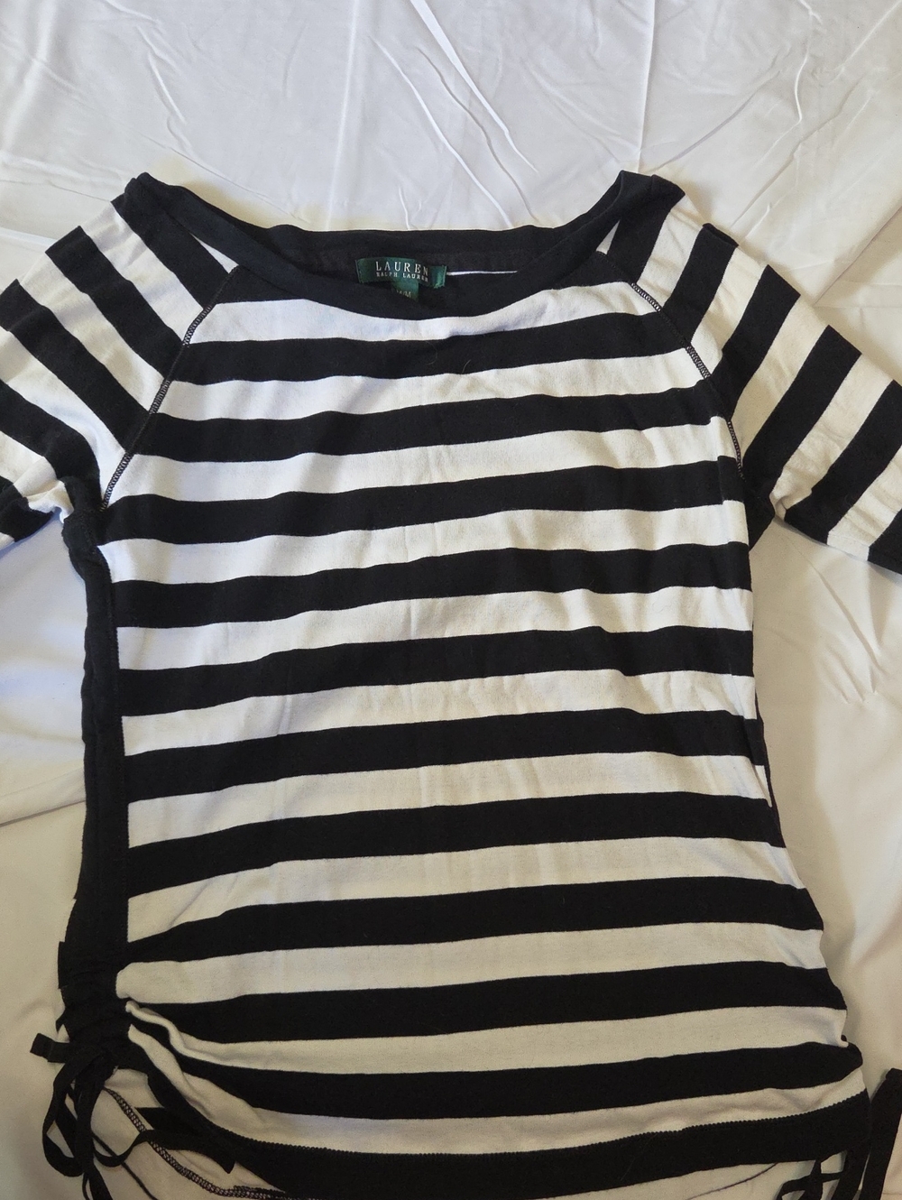Lauren Ralph Lauren Black & White Striped Short-Sleeve Top with Side Tie